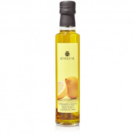 Botella de aceite de oliva con condimento de limón