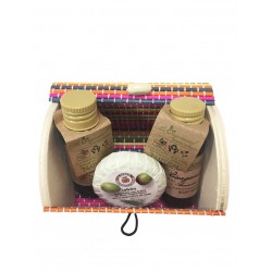 Champú Bodymilk y jabón con baúl madera