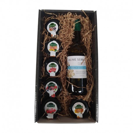 Estuche con vino blanco, mermeladas y miel para empresas