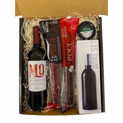 Estuche para empleados con vino Rioja, ibéricos, crema de queso y set de vino