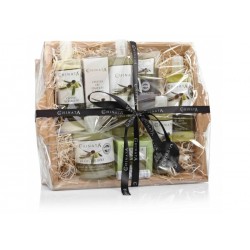 Productos de cosmética natural con Aceite de Oliva en cesta de cartón