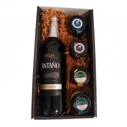 Cesta empresa con vino rioja, dos patés y dos tarros de queso para navidad