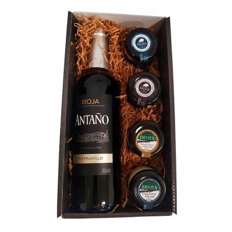 Cesta empresa con vino rioja, dos patés y dos tarros de queso para navidad