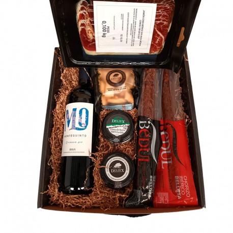 Estuche Vino Rioja, Embutido en Vela, Jamón ibérico y Patés