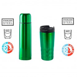 Lote con termo y vasos térmico verdes para llevar.