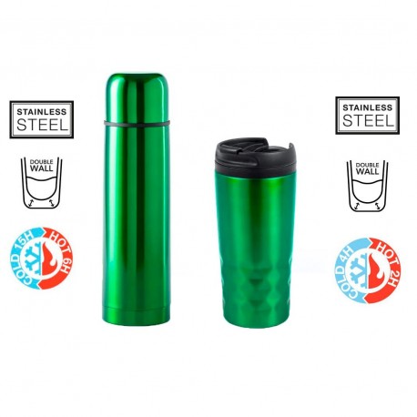 Lote con termo y vasos térmico verdes para llevar.