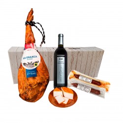Estuche que contiene jamón, vino y productos ibéricos